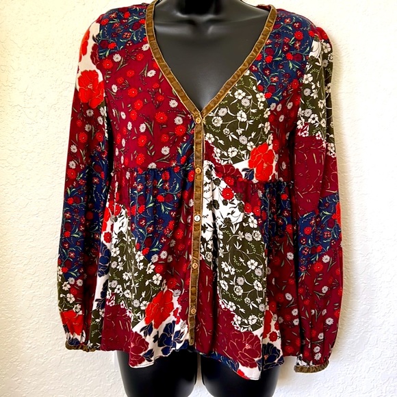 ZARA TRAFALUC Boho Peasant Top Patchwork Dark Floral‎ Long sleeve Babydoll XS - Picture 1 of 13